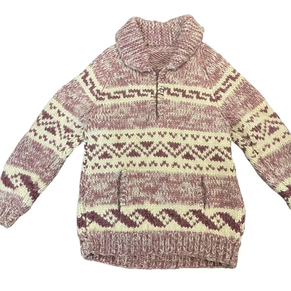 Vintage Cowichan Burgundy Cream Cowl Neck 1/4 Zip Handmade Sweater Kangaroo Pckt - Picture 2 of 12